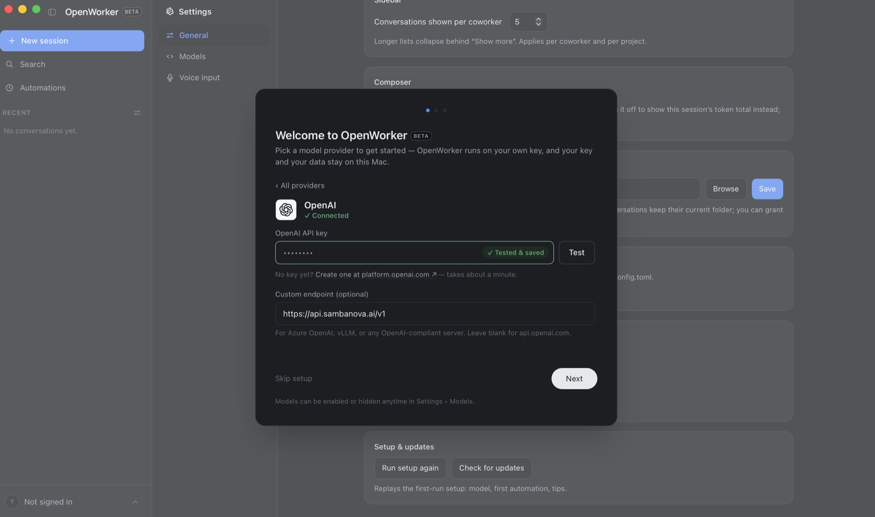 OpenWorker Welcome screen with the OpenAI provider connected, the key tested and saved, and the custom endpoint set to the SambaCloud API