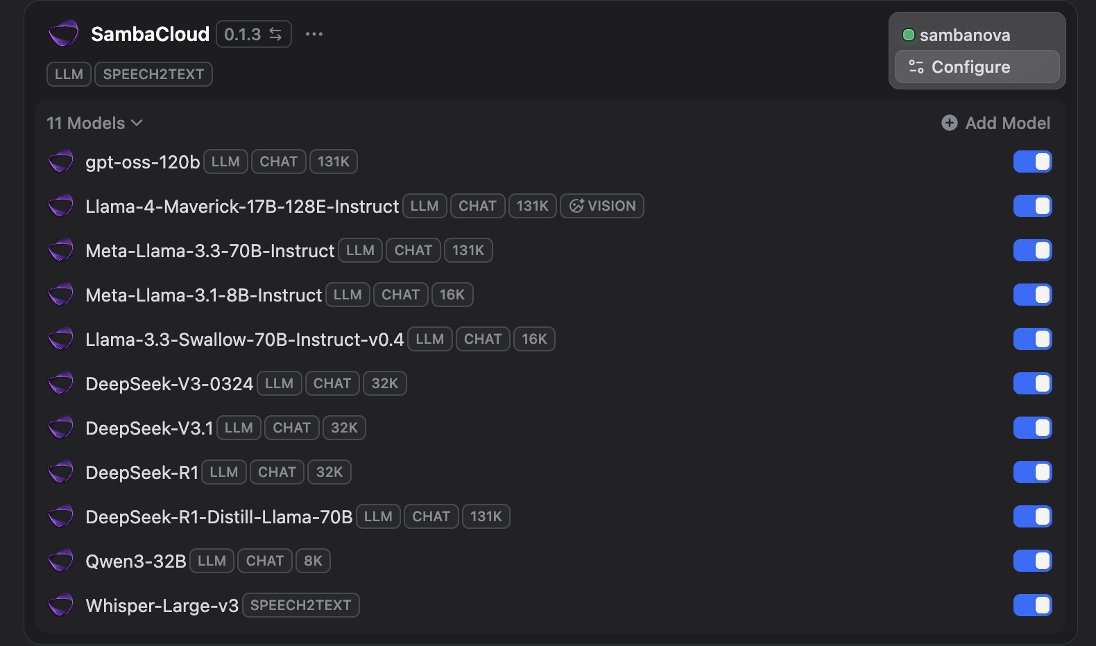 Dify Settings with SambaCloud as model provider