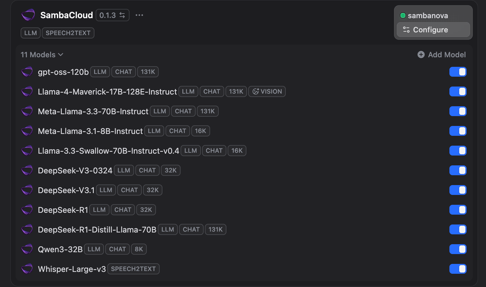 Dify Settings with SambaCloud as model provider