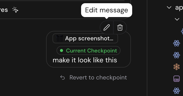 Screenshot showing the edit icon appearing on hover over a user message.
