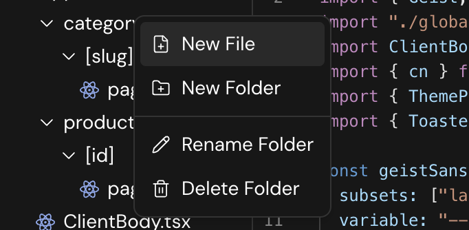 Screenshot showing the file tree context menu with options for New File and New Folder.