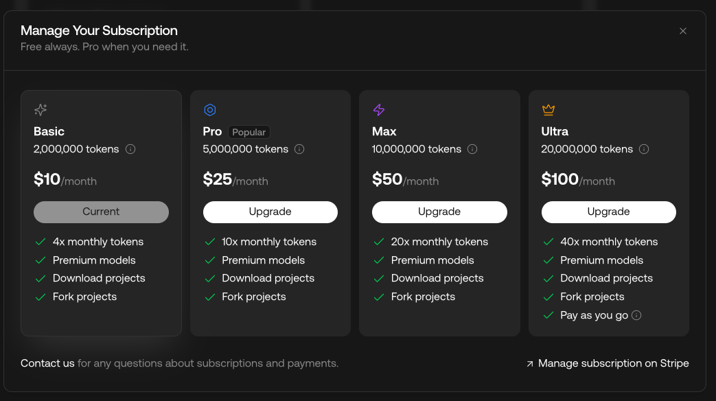 Screenshot showing the subscription upgrade modal with pricing tiers