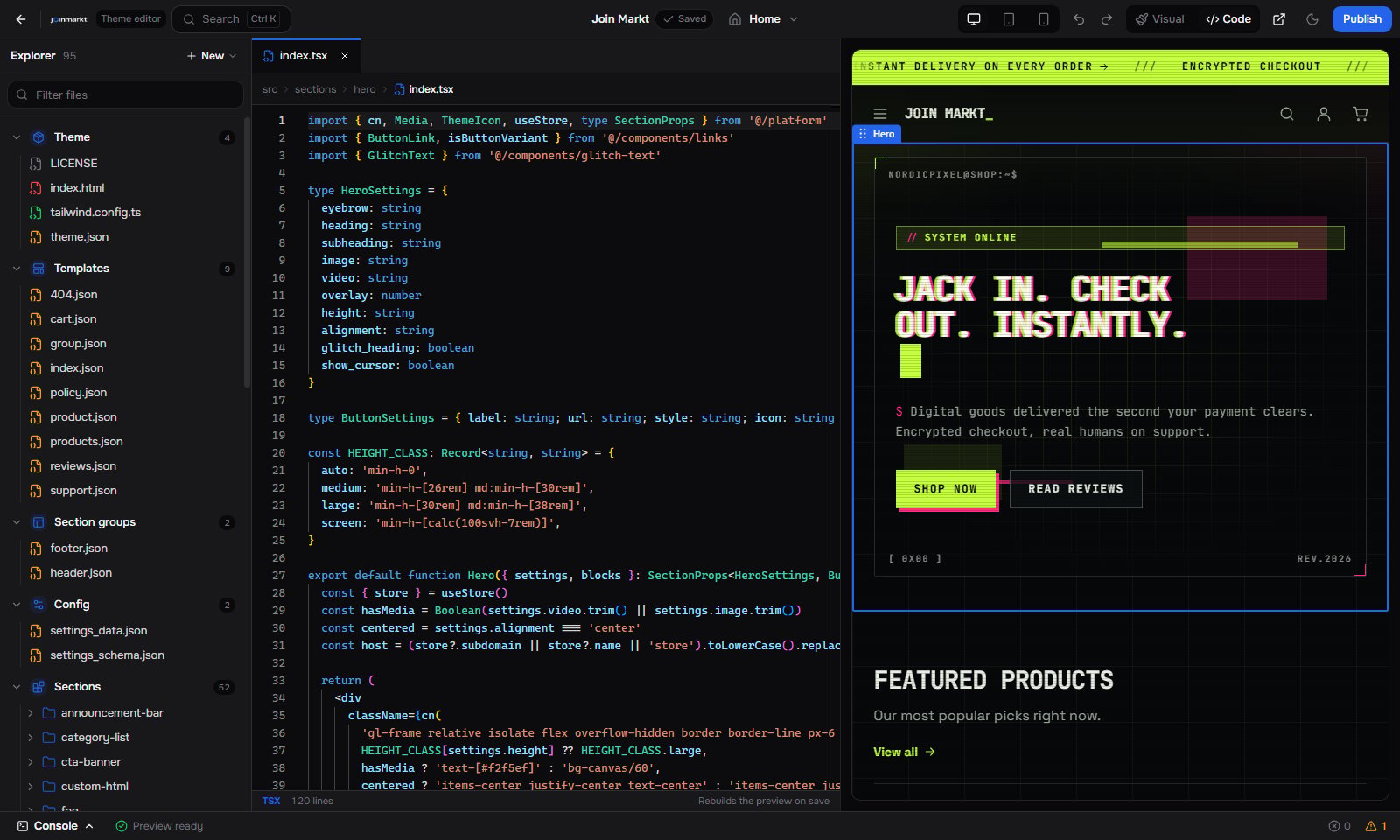 Dark code builder with the file tree, editor, and preview