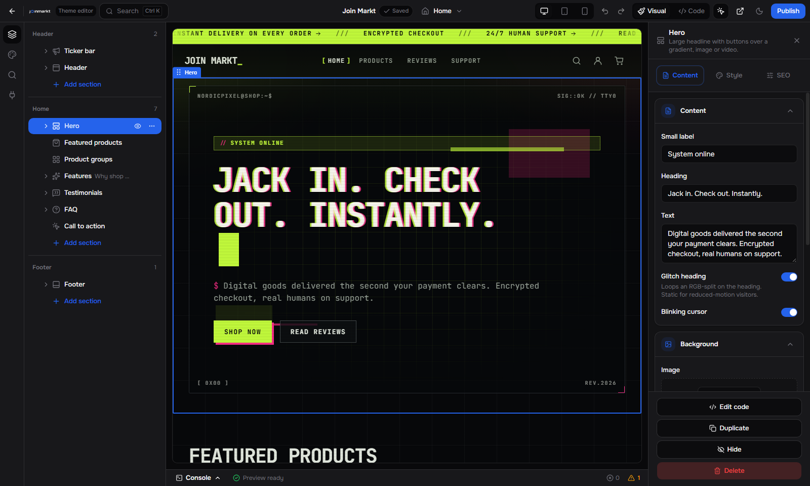 Dark visual builder with sections, preview, and settings