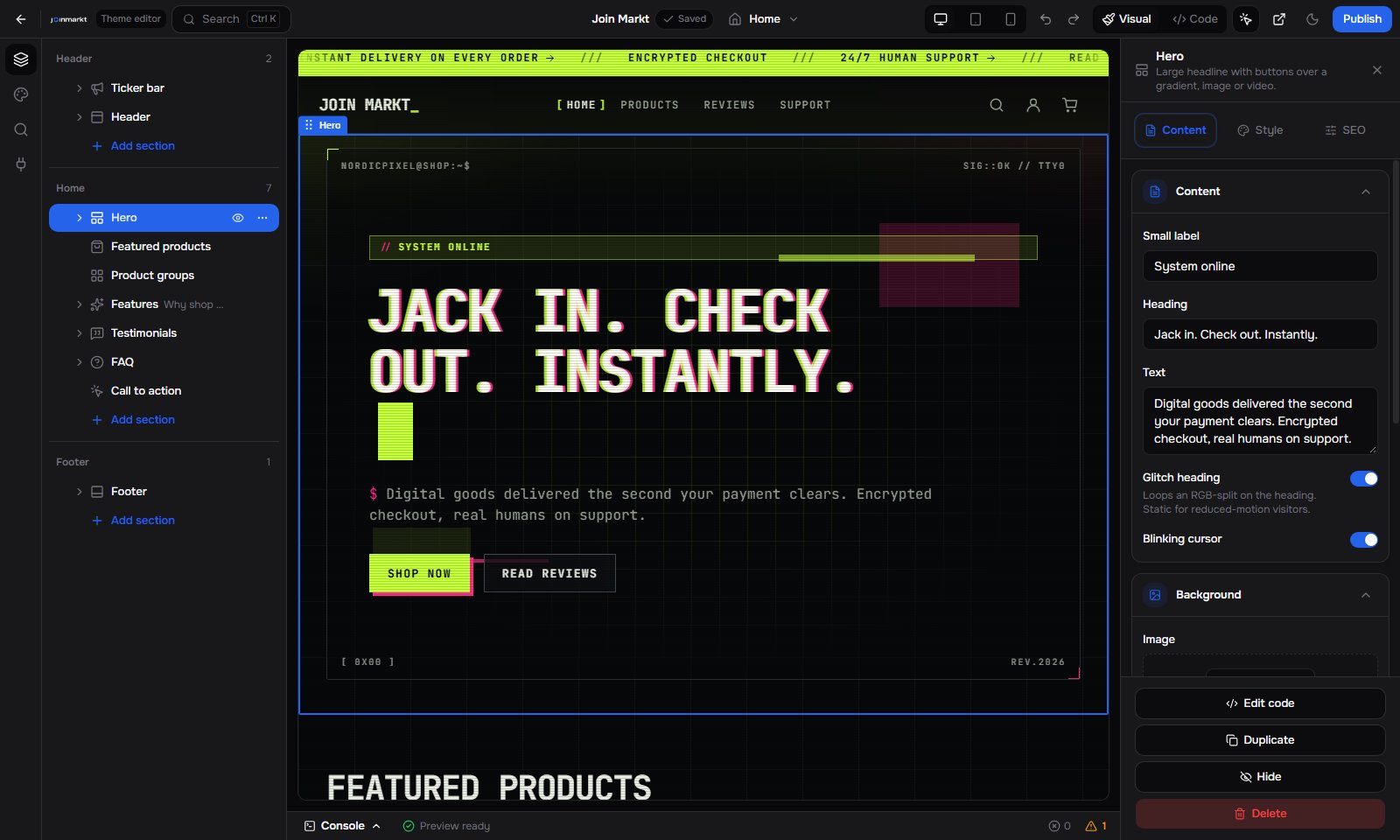 Dark visual builder with sections, preview, and settings