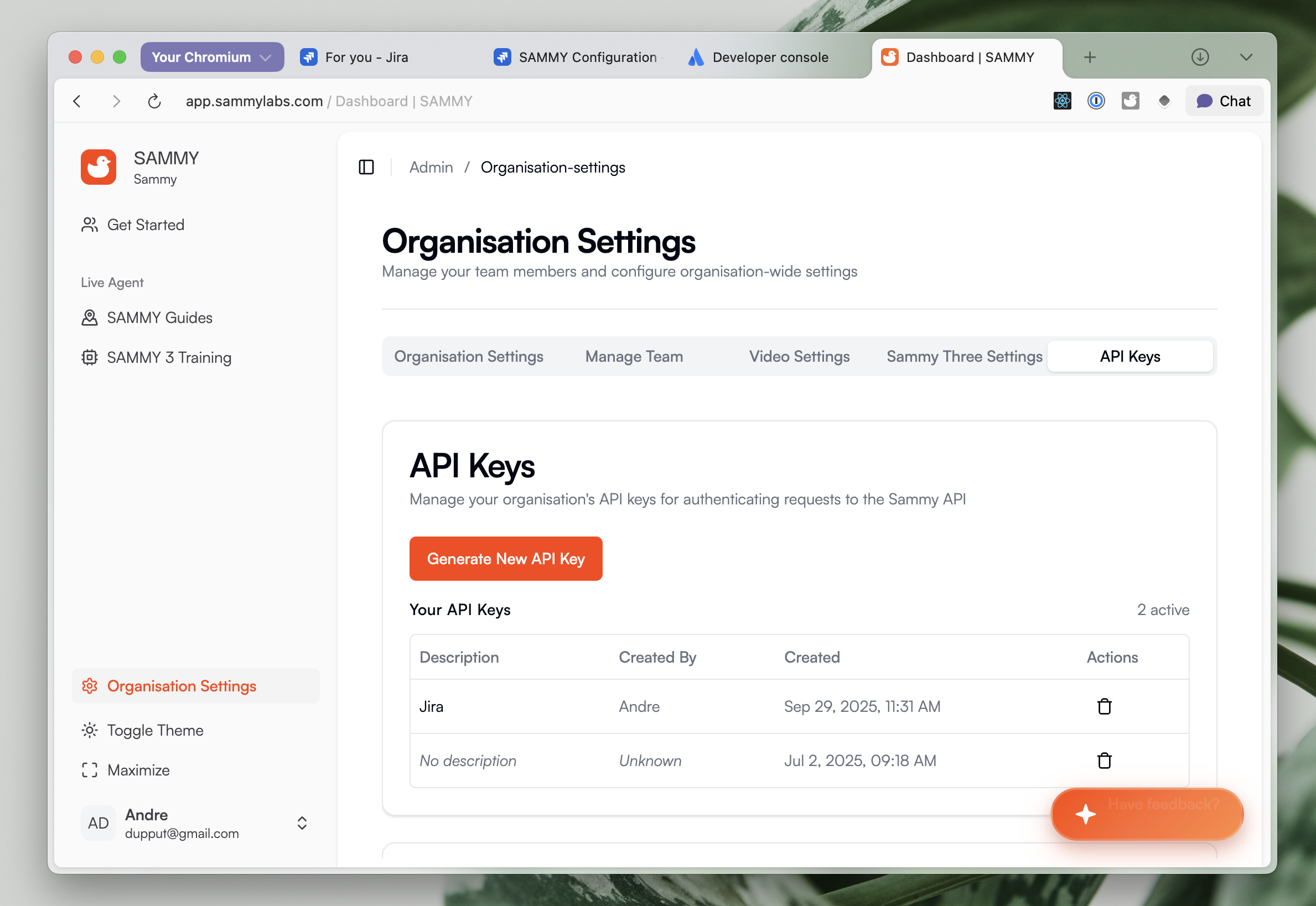 API configuration in SAMMY
