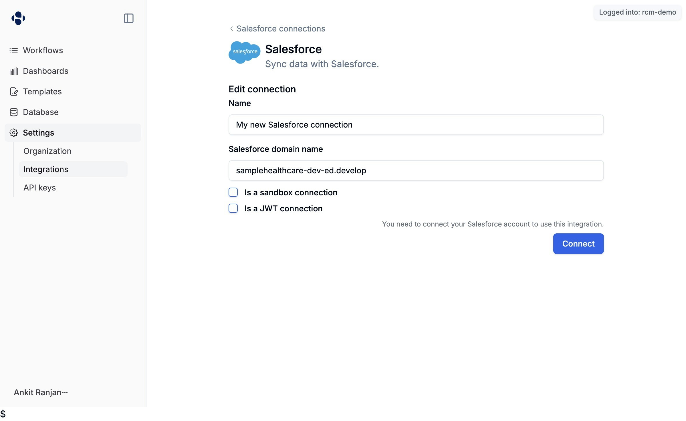 Salesforce connection form before connecting