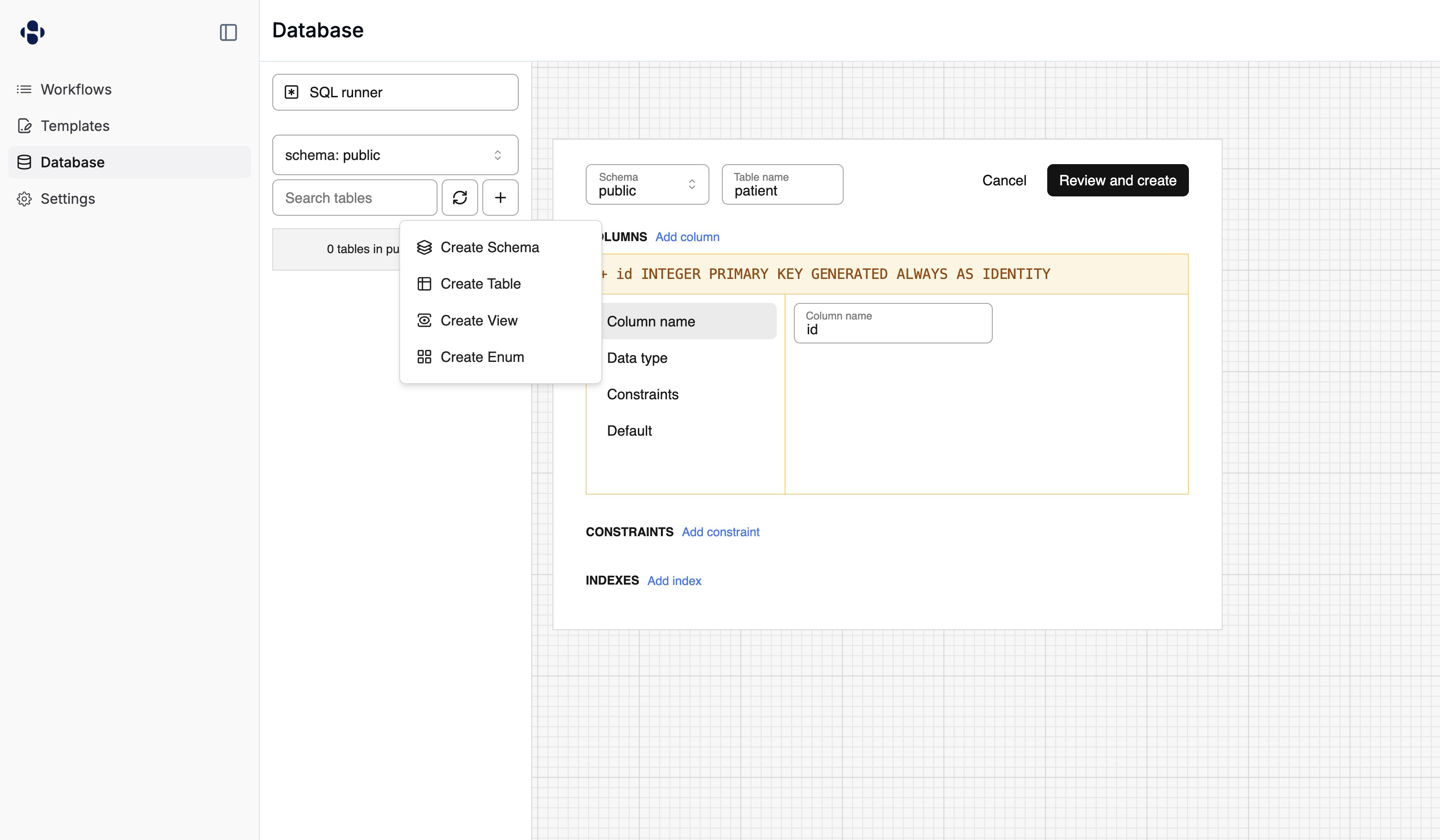 Create Table Interface