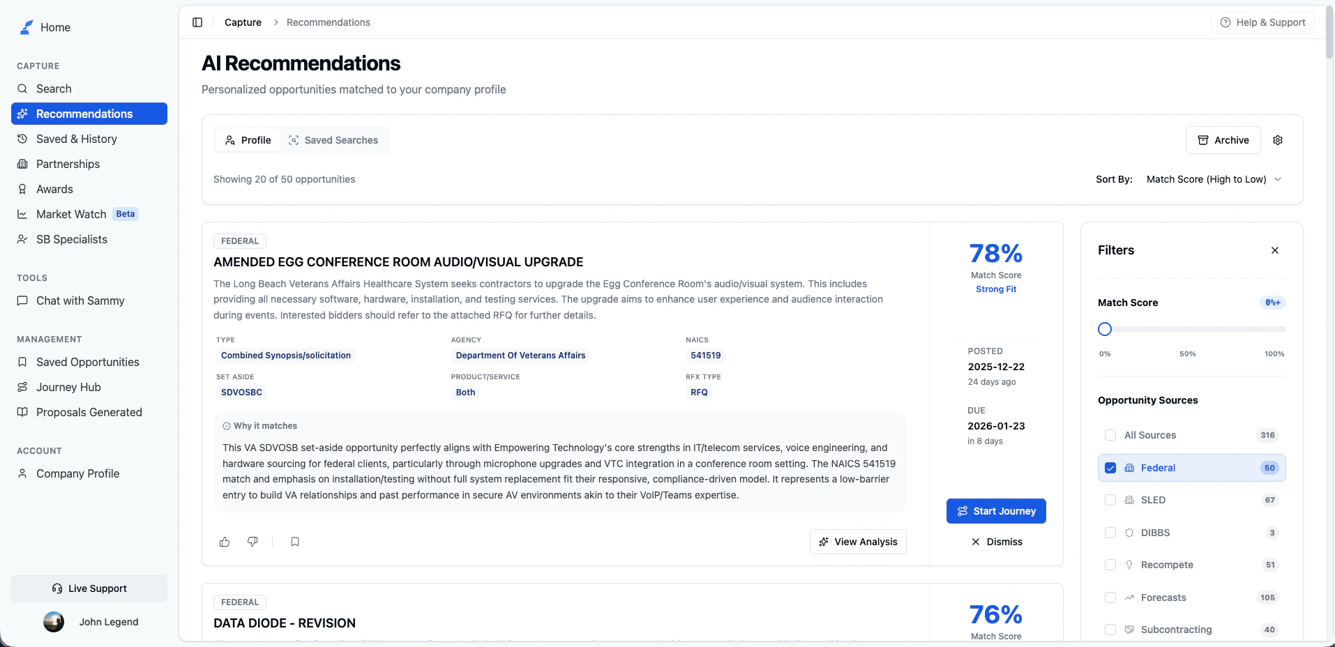 AI Recommendations page showing personalized opportunity matches