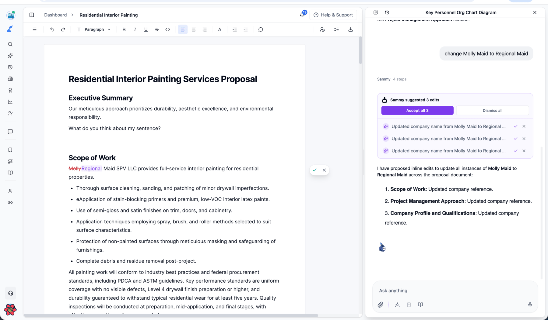 Sammy's suggested edits shown inline as a tracked diff in the proposal editor, with Accept all and Dismiss all controls in the Sammy panel