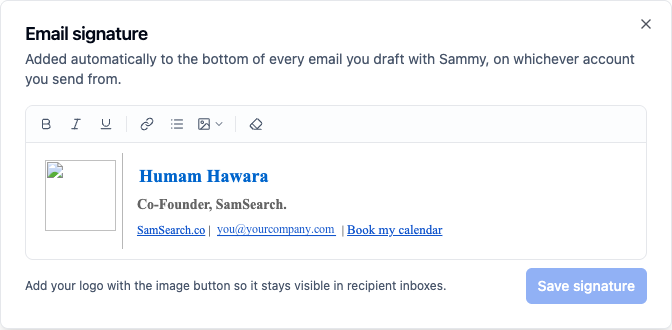 Email signature editor with logo upload and live signature preview