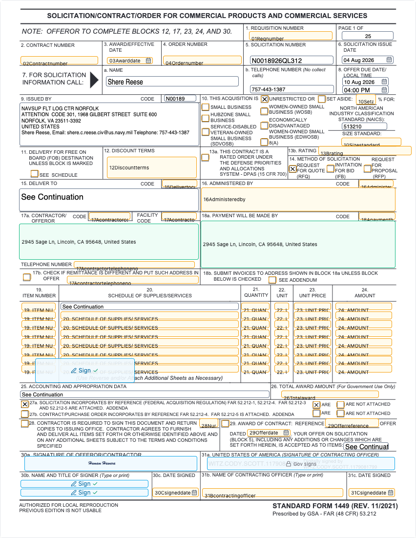 A federal PDF form opened in Fill & Sign from a journey's Documents tab, with form fields filled in and a signature added before saving back to the journey