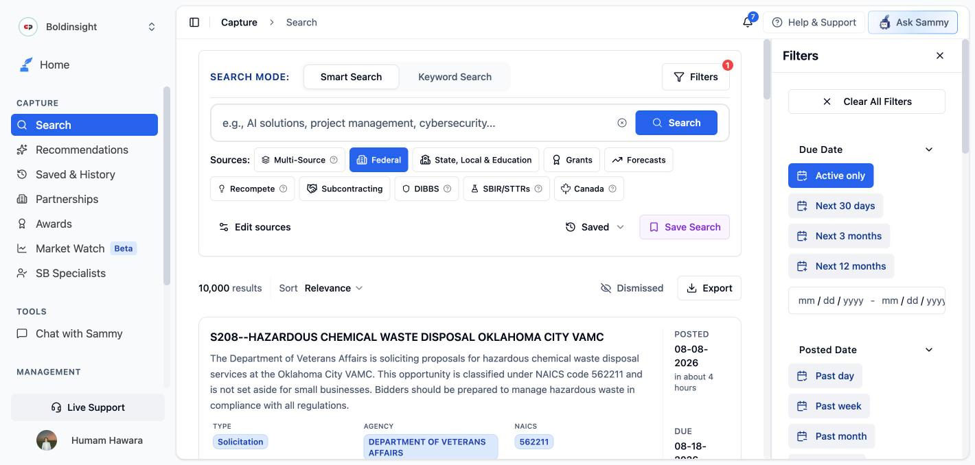 SamSearch search page with sources and filters