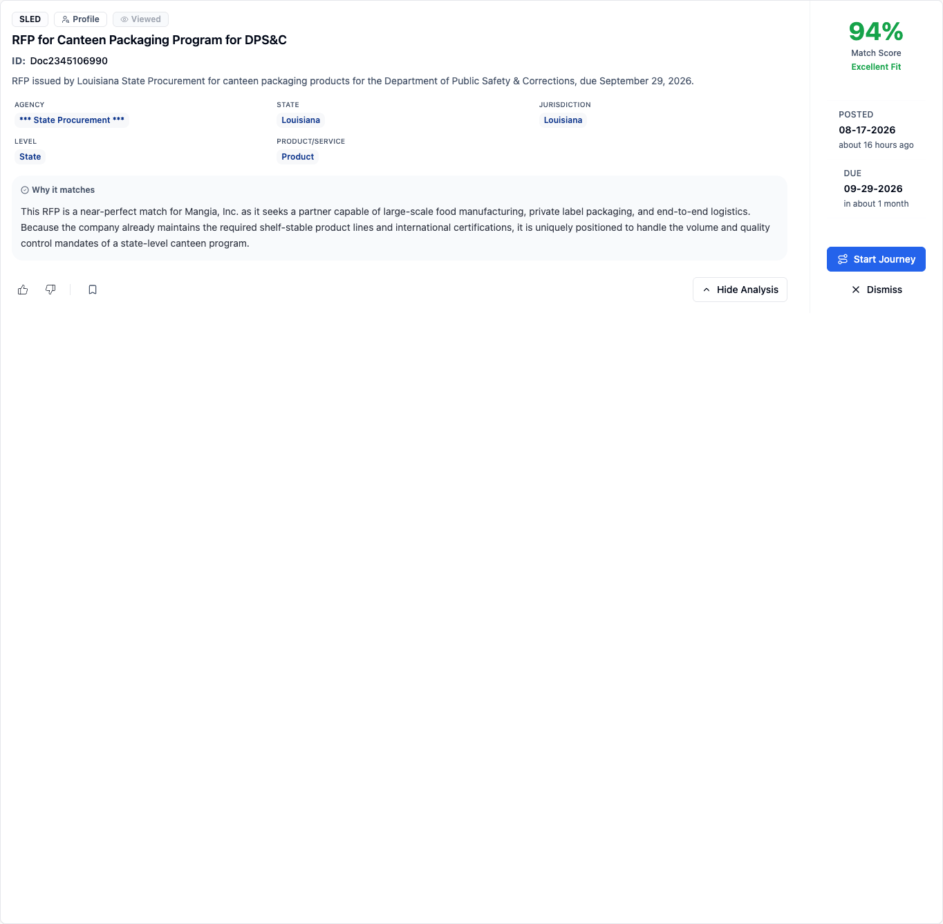 Opportunity page showing match score with fit reasoning, including strengths and stretch areas