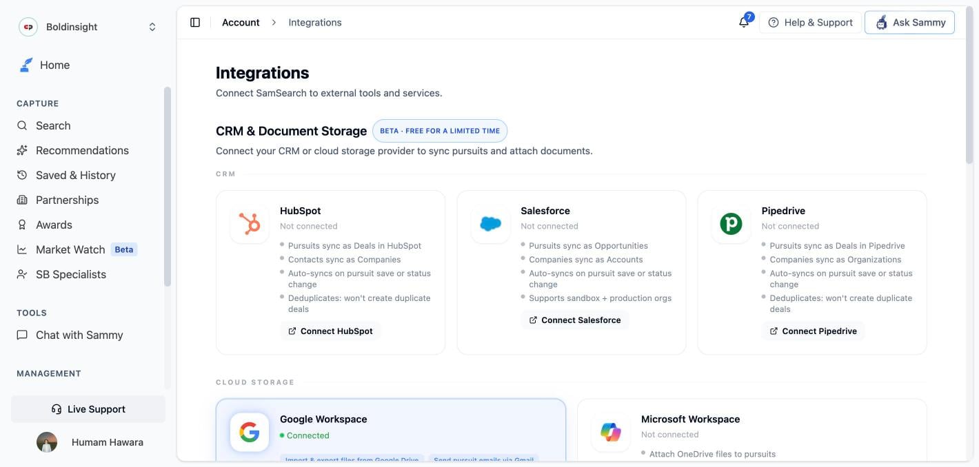 Integrations page