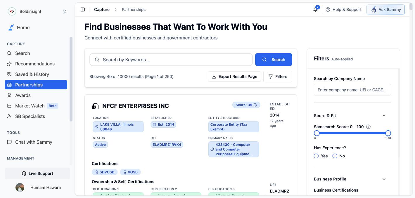 Partnerships search page with company results