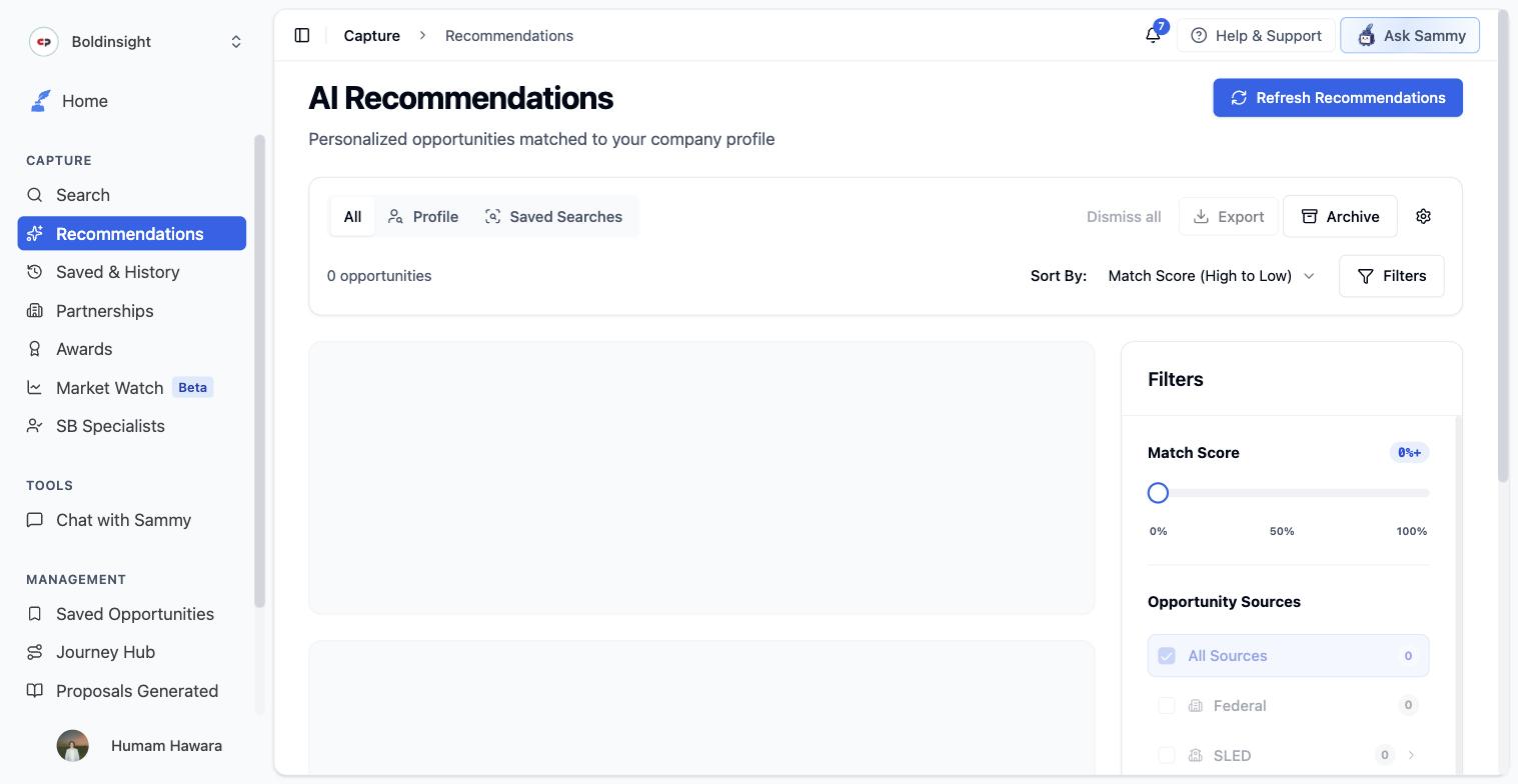 Recommendations filters panel showing Match Score slider and Opportunity Sources