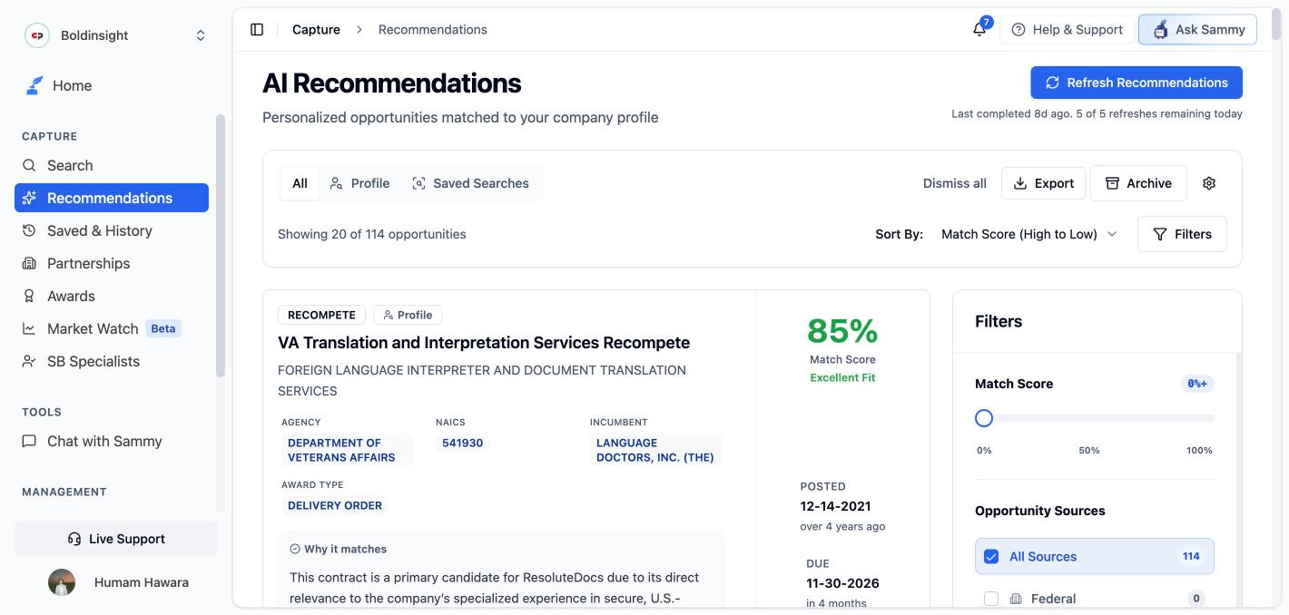 AI Recommendations page showing personalized opportunity matches