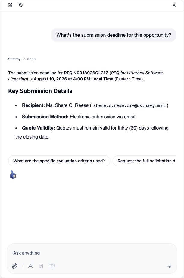Docked Sammy panel open alongside an opportunity page, showing the chat input and conversation thread