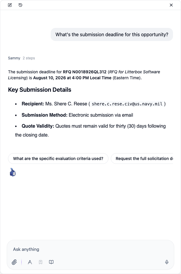 Docked Sammy panel open alongside an opportunity page, showing the chat input and conversation thread