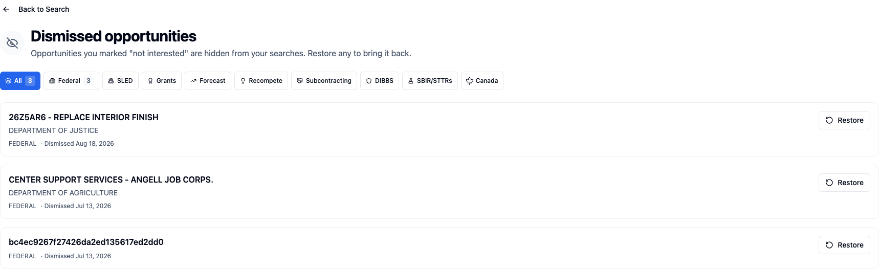 Dismissed Opportunities page listing previously dismissed results