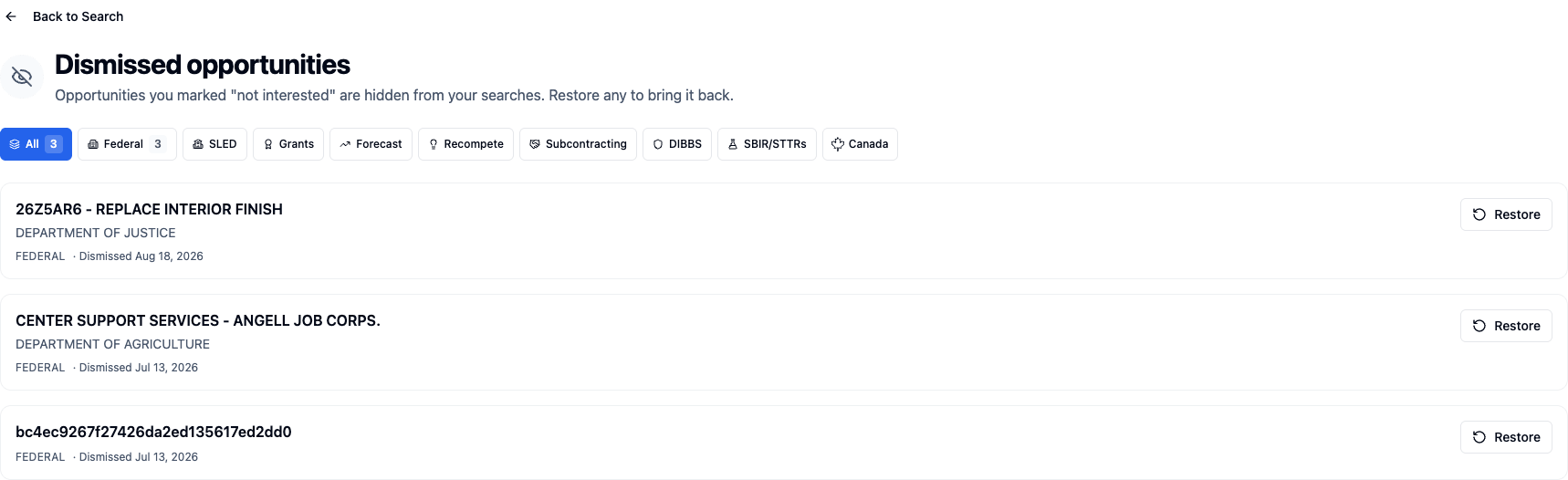 Dismissed Opportunities page listing previously dismissed results