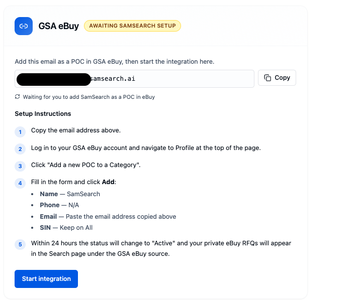 GSA eBuy integration panel with copy email and setup steps