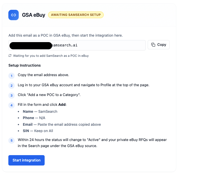 GSA eBuy integration panel with copy email and setup steps