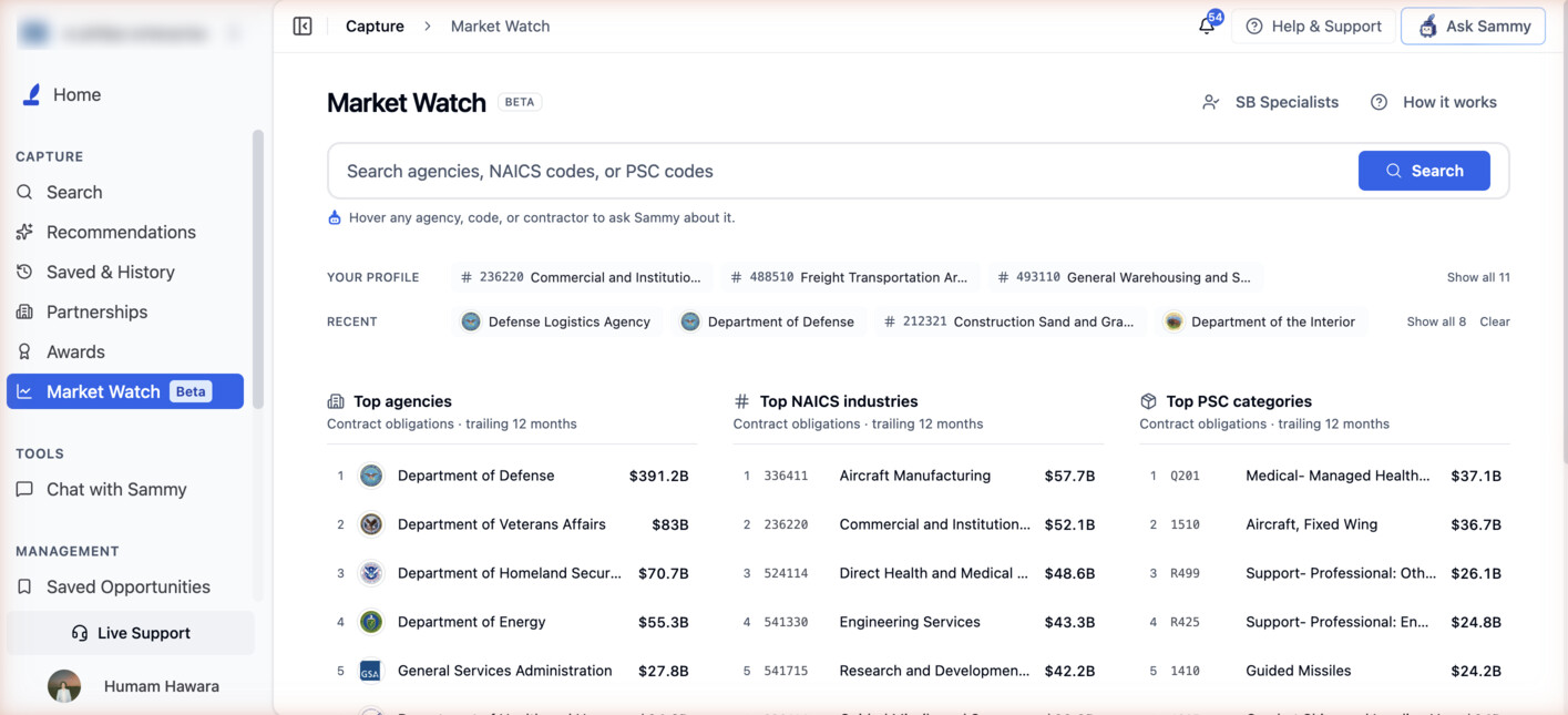 Market Watch landing page with the agency, NAICS and PSC search bar, Your profile and Recent shortcuts, and the Top agencies, Top NAICS industries and Top PSC categories leaderboards