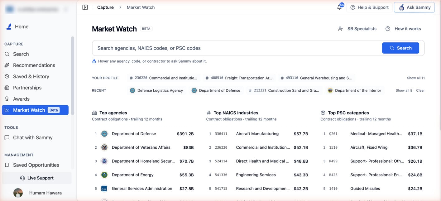 Market Watch landing page with the agency, NAICS and PSC search bar, Your profile and Recent shortcuts, and the Top agencies, Top NAICS industries and Top PSC categories leaderboards