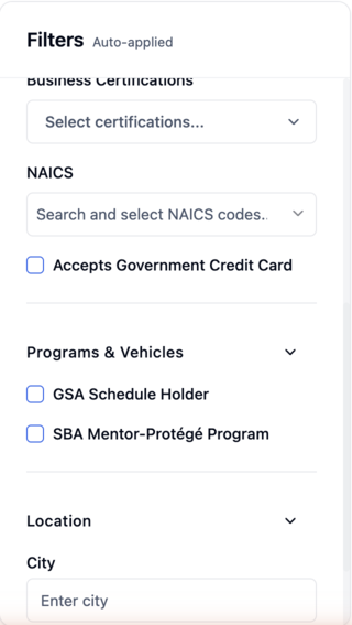Partnerships filter sidebar showing NAICS, Accepts Government Credit Card, and the Programs & Vehicles filters for GSA Schedule Holder and SBA Mentor-Protégé Program