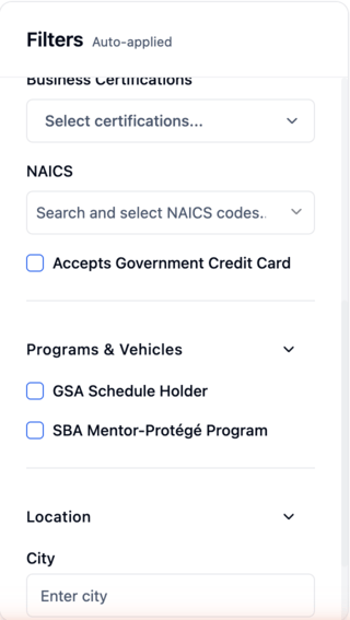 Partnerships filter sidebar showing NAICS, Accepts Government Credit Card, and the Programs & Vehicles filters for GSA Schedule Holder and SBA Mentor-Protégé Program