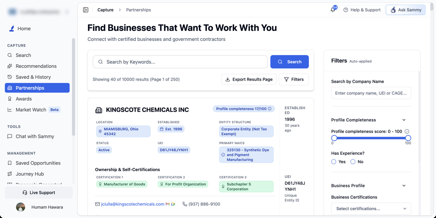 Partnerships search page with company results and filter sidebar