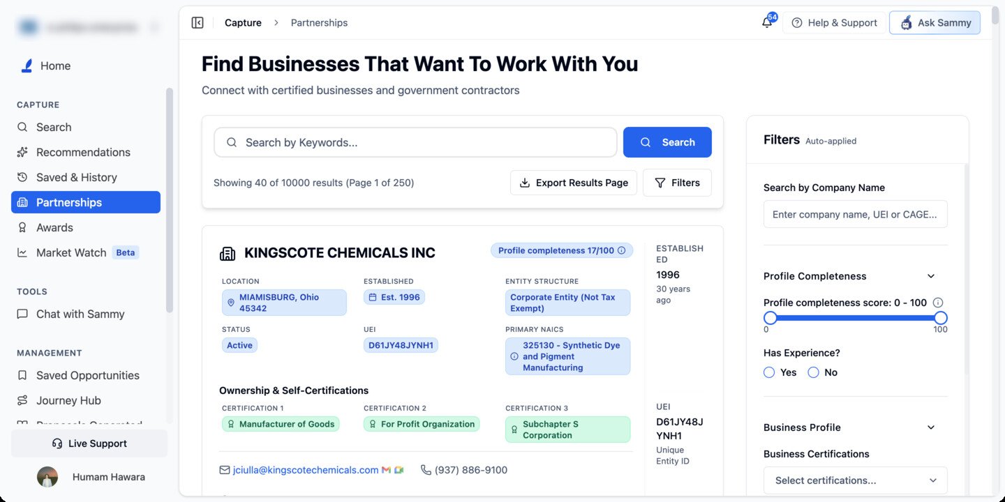 Partnerships search page with company results and filter sidebar