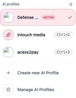 AI profile switcher pill at the top of the left sidebar, expanded to show a dropdown list of switchable profiles