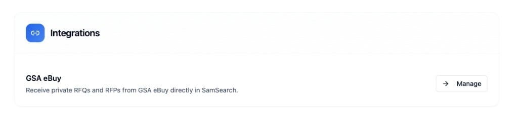 Integrations section in Settings with GSA eBuy and Manage button