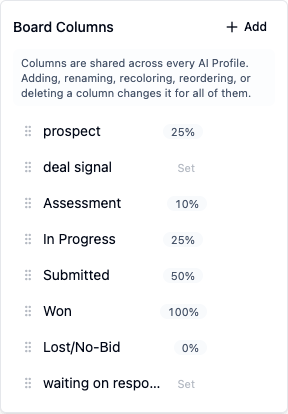 Kanban board Columns manager for adding, renaming, reordering, and deleting board columns
