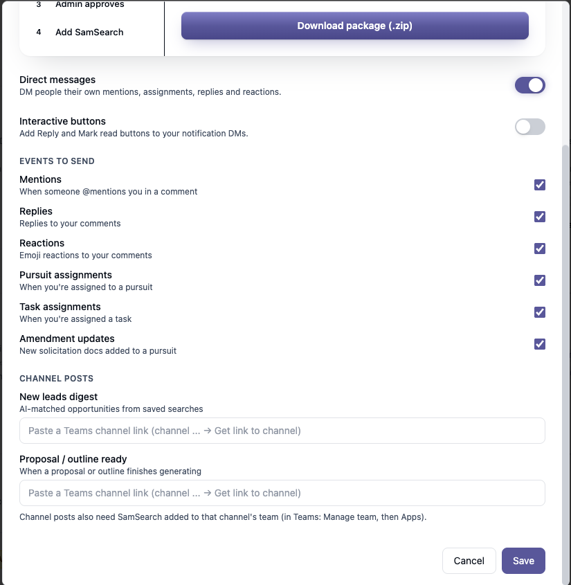Notification settings in the Configure panel: Direct messages toggle, Interactive buttons toggle, Events to send checkboxes, and Channel Posts section with two Teams channel link fields