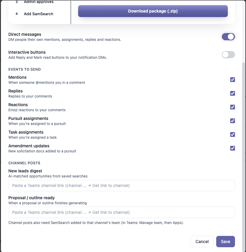 Notification settings in the Configure panel: Direct messages toggle, Interactive buttons toggle, Events to send checkboxes, and Channel Posts section with two Teams channel link fields
