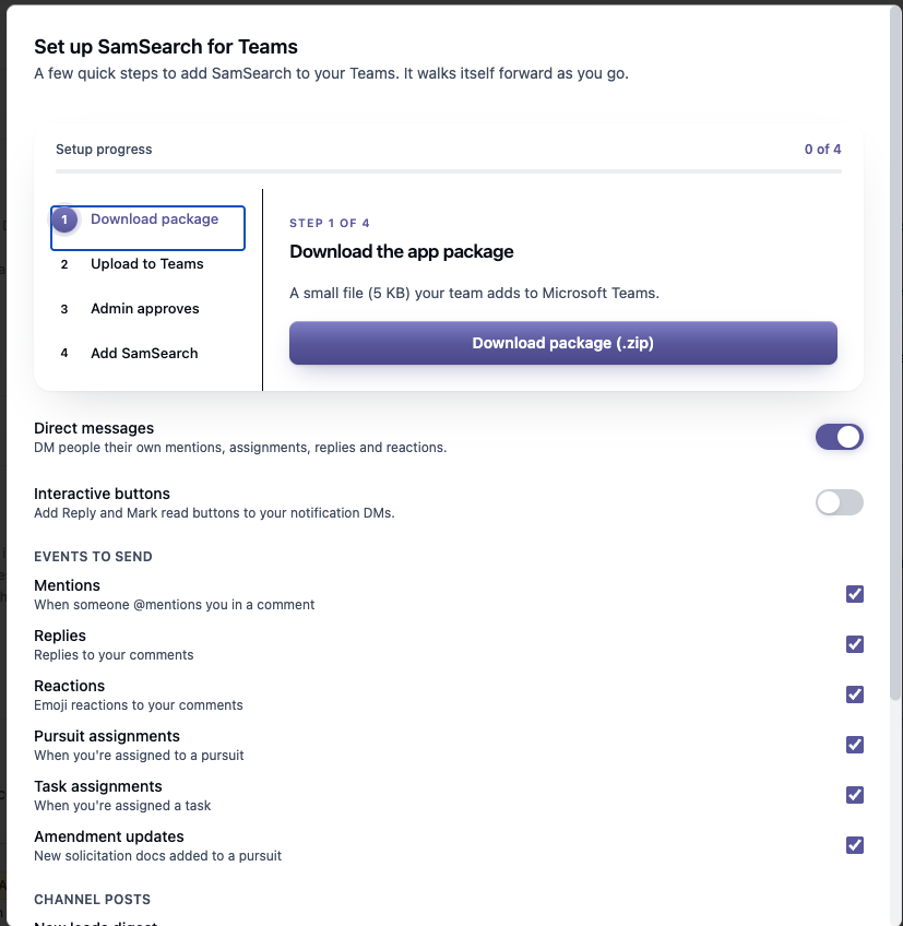 Set up SamSearch for Teams wizard showing the 4-step progress list and Step 1 of 4: Download the app package