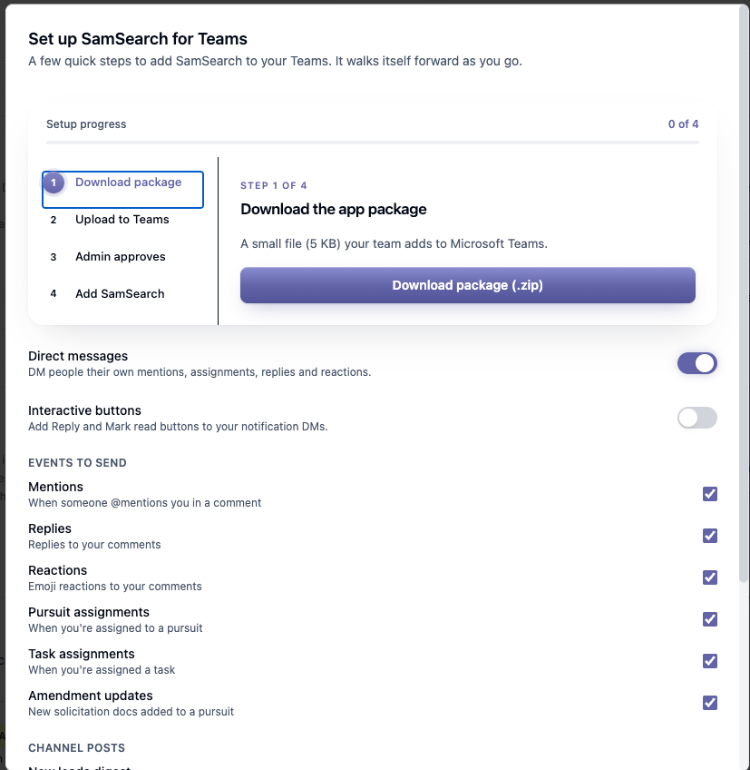Set up SamSearch for Teams wizard showing the 4-step progress list and Step 1 of 4: Download the app package