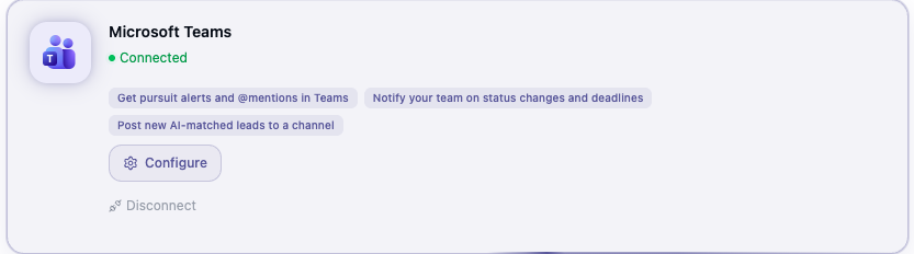 Microsoft Teams integration card showing Connected status, its feature bullets, and a Configure button