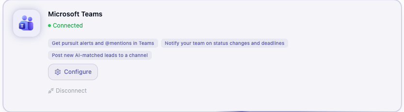 Microsoft Teams integration card showing Connected status, its feature bullets, and a Configure button