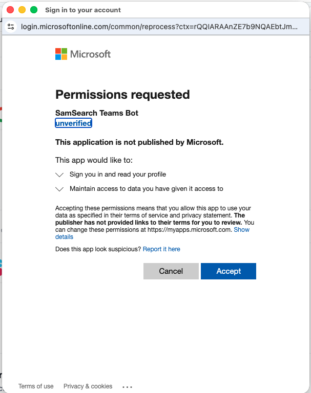 Microsoft 'Permissions requested' screen for SamSearch Teams Bot (unverified), listing sign-in and profile access, with Cancel and Accept buttons