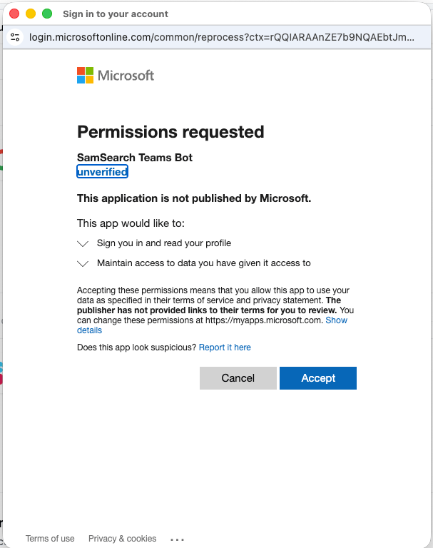 Microsoft 'Permissions requested' screen for SamSearch Teams Bot (unverified), listing sign-in and profile access, with Cancel and Accept buttons