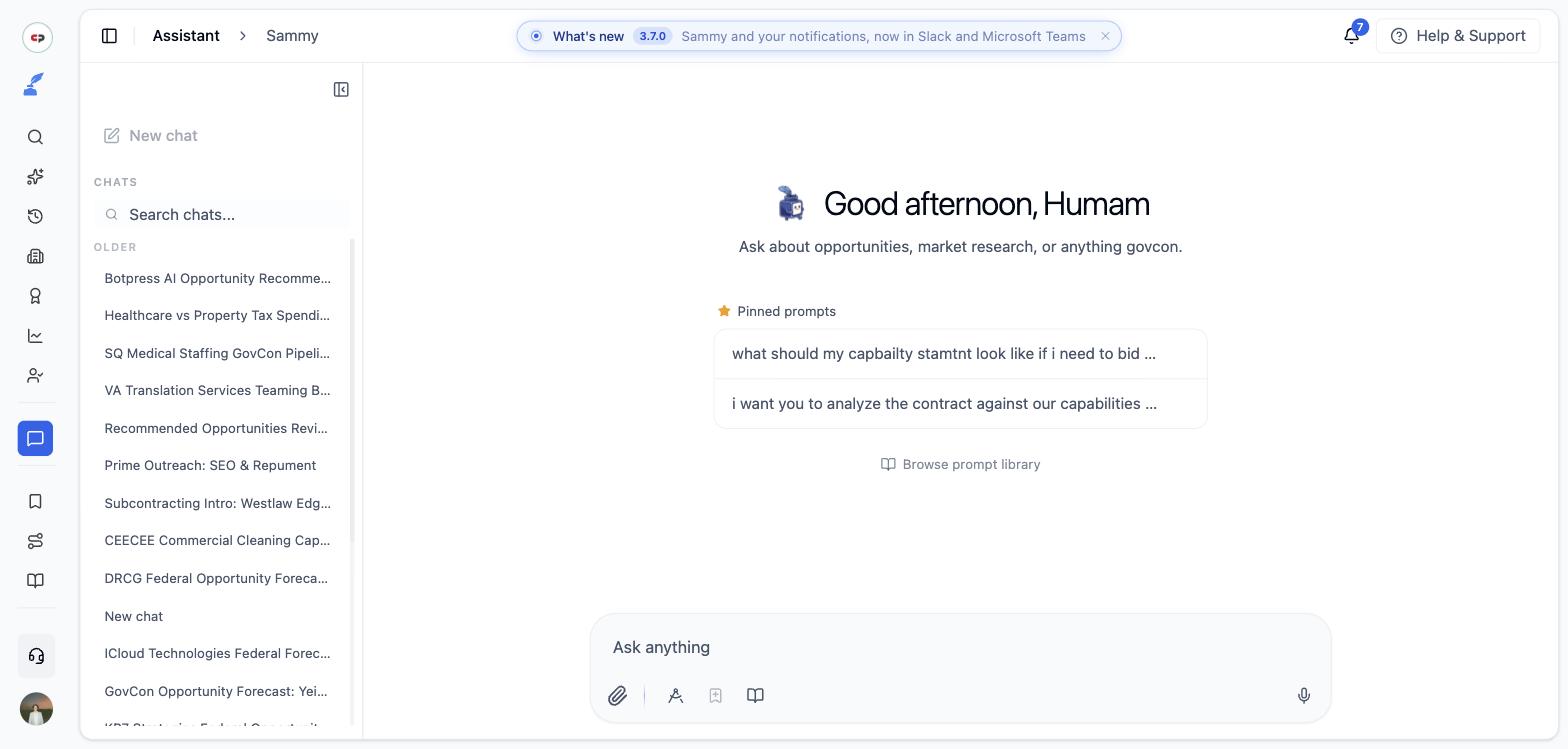 Sammy chat with a human-in-the-loop approval banner showing a proposed change