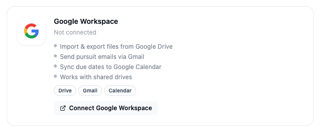 Google Workspace integration card in Account > Integrations showing the Connect Google Workspace button