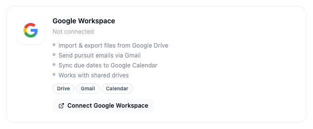 Google Workspace integration card in Account > Integrations showing the Connect Google Workspace button