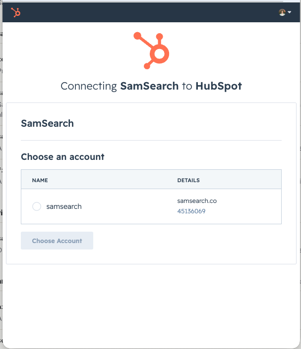HubSpot popup listing the HubSpot account to connect, with a Choose Account button