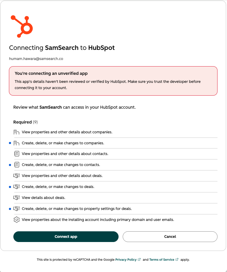 HubSpot permissions screen listing the access SamSearch is requesting, with a Connect app button